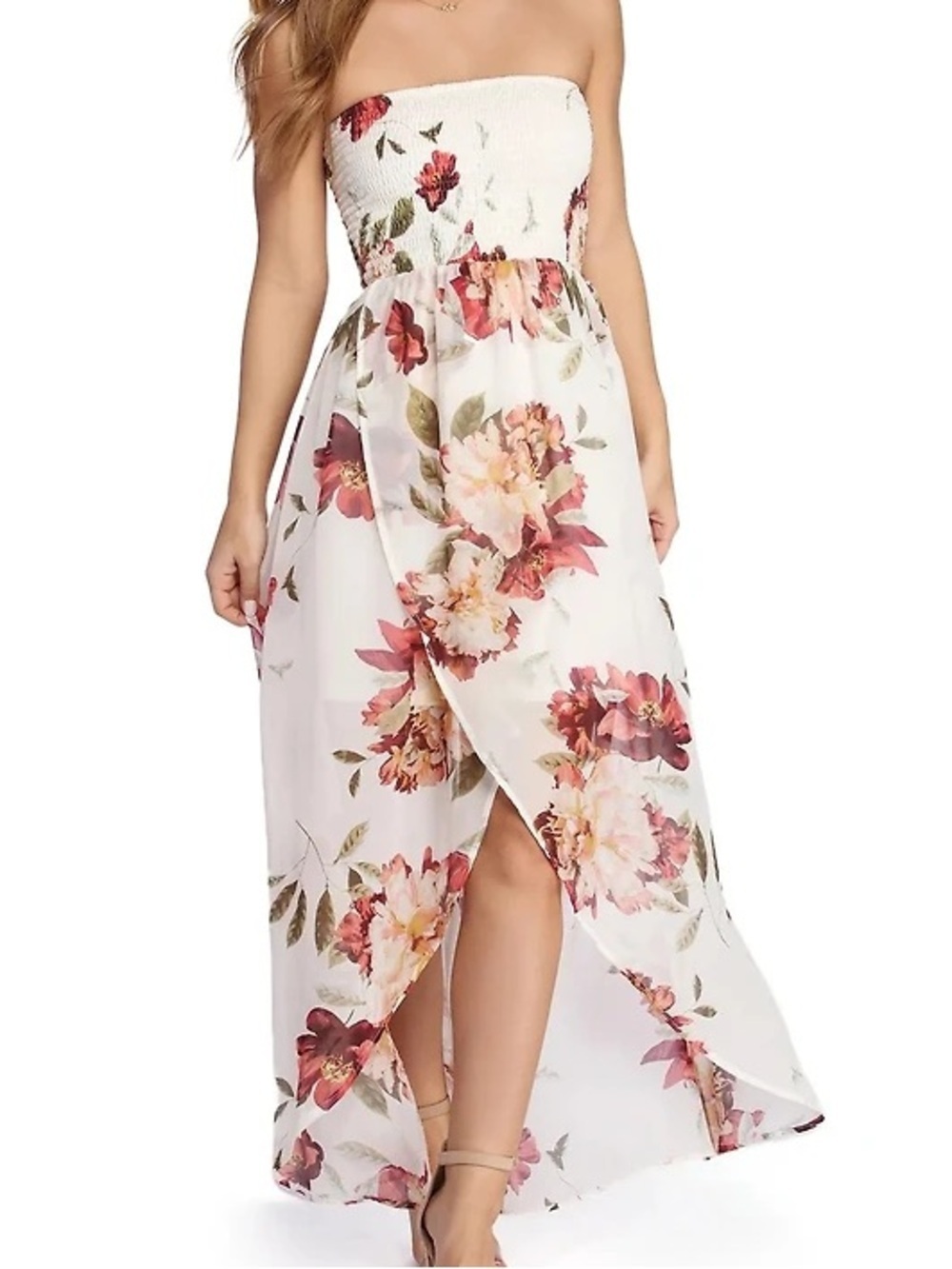 Venus Dress Women’s M White floral strapless Maxi Smocked bodice Layered ruffle